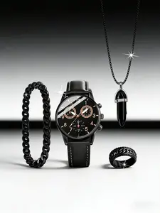 Men's Watch Set with Necklace & Bracelet + Ring, High-Quality Business Style, Perfect Gift for Holidays, Birthdays, Parties, Men Jewelry, Matching Jewelry Set