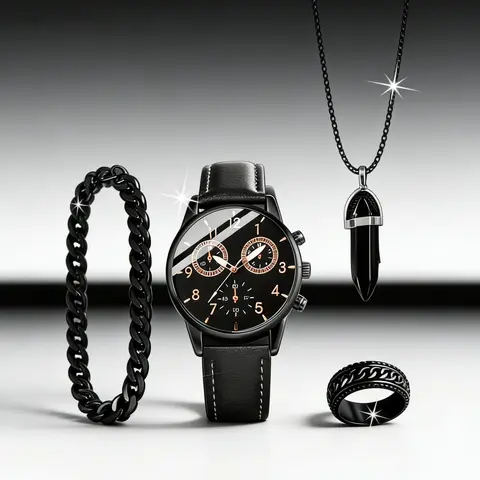 Men's Watch Set with Necklace & Bracelet + Ring, High-Quality Business Style, Perfect Gift for Holidays, Birthdays, Parties, Men Jewelry, Matching Jewelry Set, Jewellery Gift Set