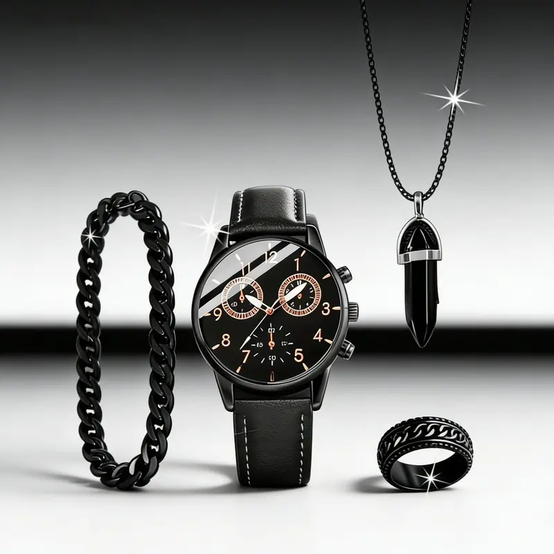Men's Watch Set with Necklace & Bracelet + Ring, High-Quality Business Style, Perfect Gift for Holidays, Birthdays, Parties, Men Jewelry, Matching Jewelry Set, Jewellery Gift Set
