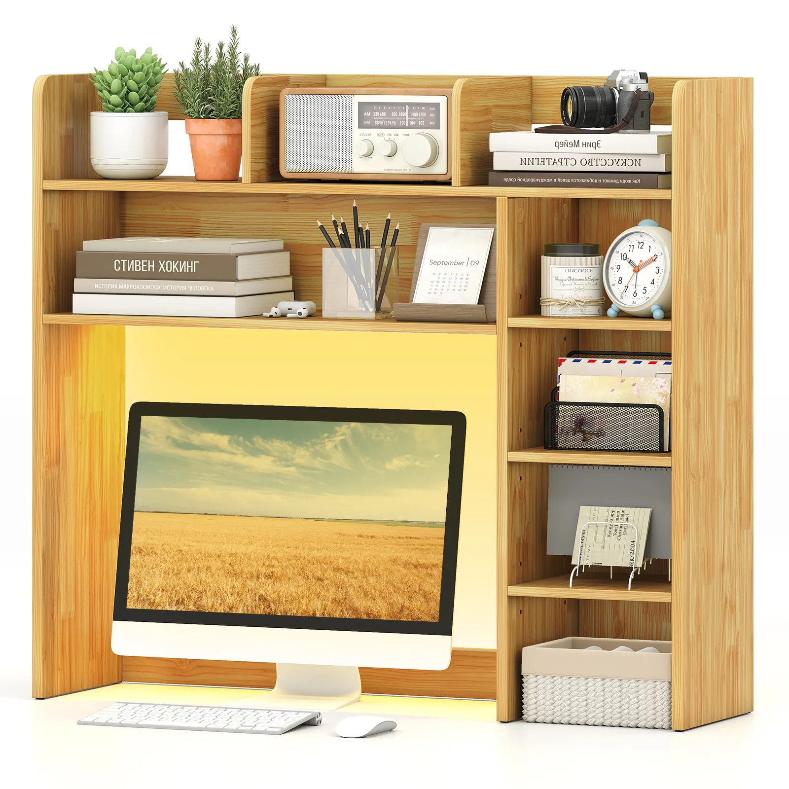 Costway 5-Tier Desktop Shelf with RGB Light Strip, 35.5" Desktop Bookshelf with 3 Shelves & 5 Compartments, Desk Organizer with 16 Colors & 4 Modes for Max 25" Computer Monitor, Display Rack for Home Office