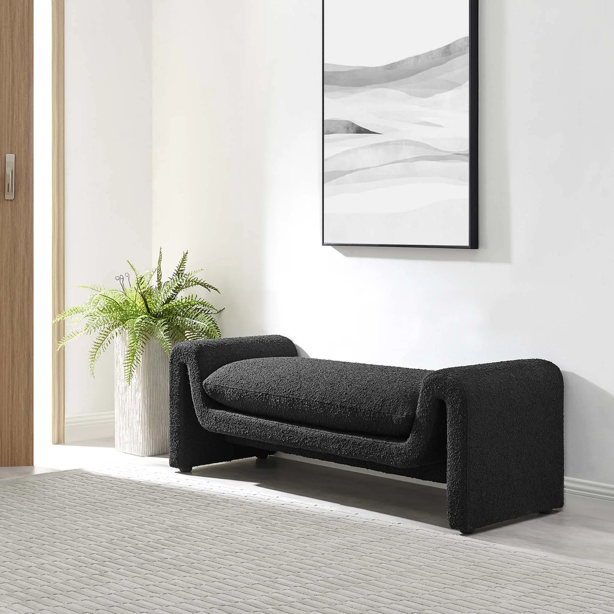 Waverly Boucle Fabric Bench in Black