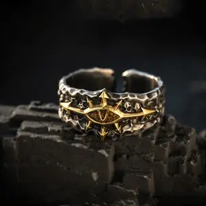 Black Crusade Two-Tone Gothic Evil Eye Open Ring, Hammered Textured Adjustable Band with Cross Arrow Design | Retro Style | Fashionable Jewelry | Gift For Him or Her