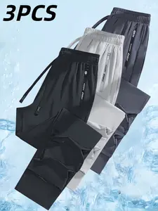 3-piece set of athletic pants made from ice silk—casual pants with a drawstring elastic waistband and zippered pockets; suitable for outdoor sports and cycling.