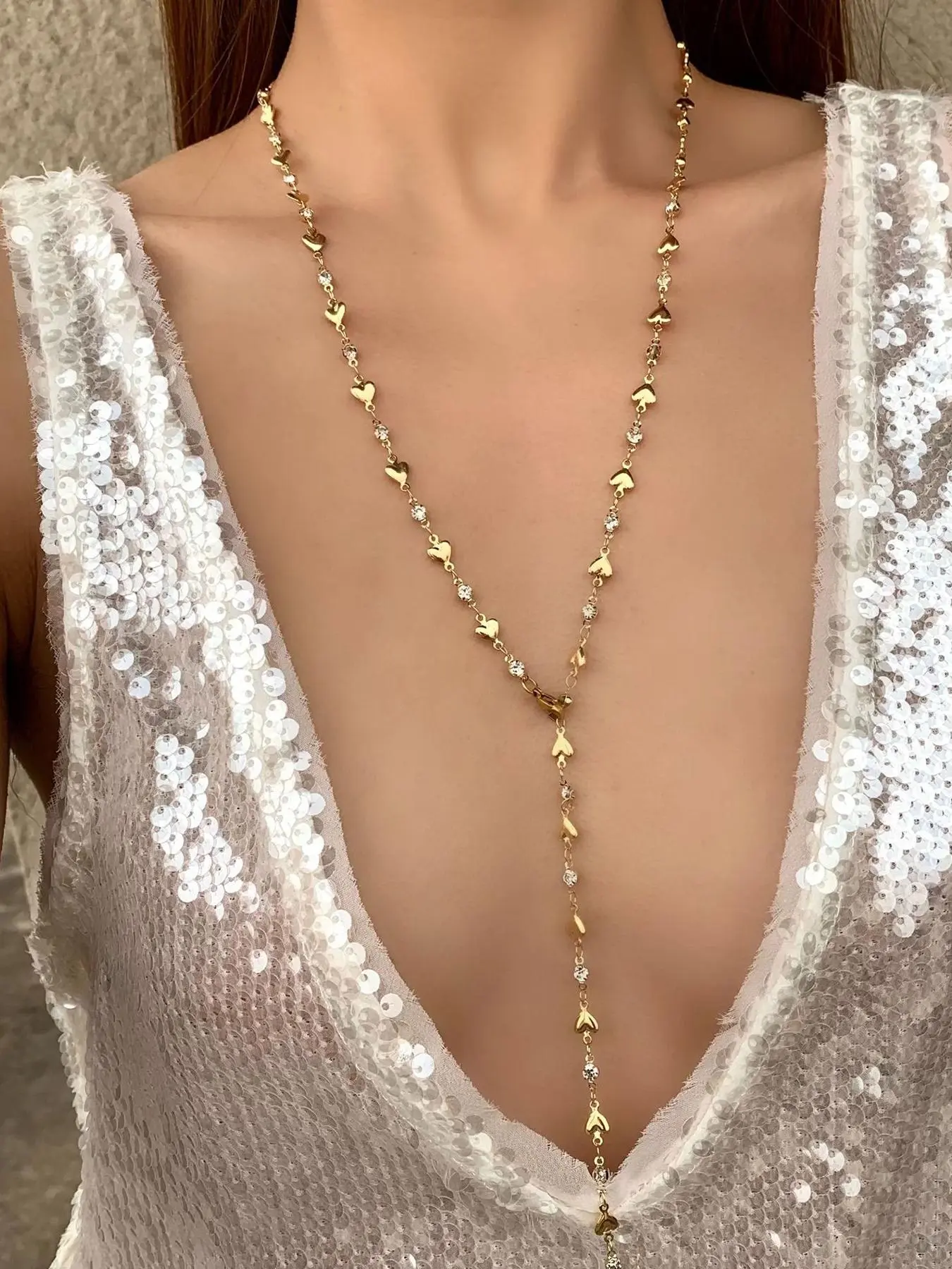 Rhinestone Decor Y-shaped Chain Necklace, Fashion Heart Design Necklace for Party, Daily Decor, Exquisite Jewelry for Birthday Gift, Dangling Charms Necklace, Bling Chain, Elegant Rhinestone Necklace, Chic Gorgeous Jewelry