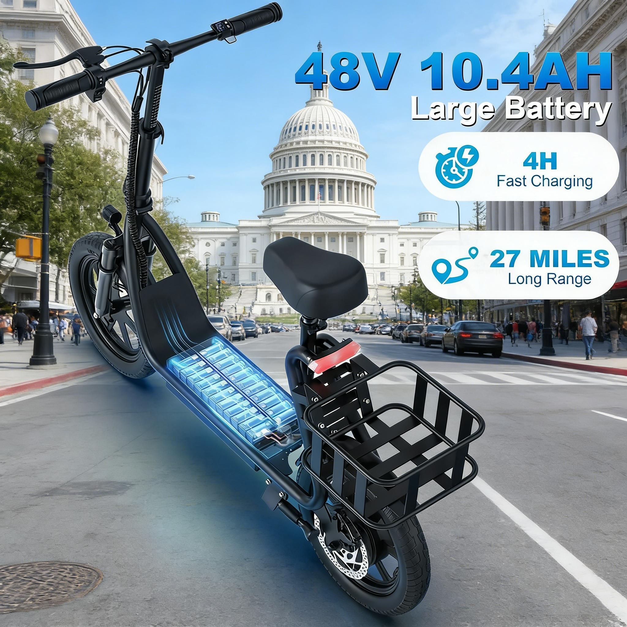 Electric Scooter for Adults with Seat,48V 10.4Ah Battery, Top Speed 22 mph, Driving Range 21-27 Miles, Pet-Friendly Design with Rear Basket