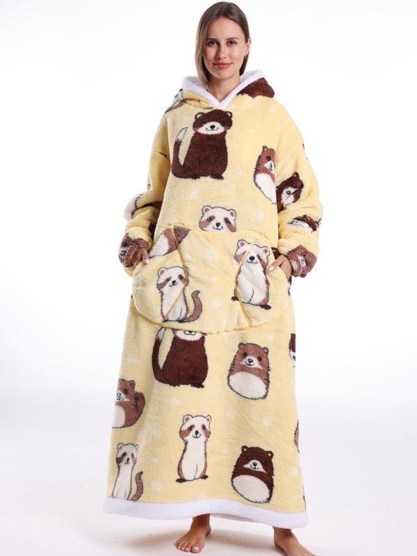 Women's Skull Print Bathrobe, Thick Casual Loungewear with Pockets, Halloween Theme, Fall & Winter, Loose-Fit TV Blanket, Flannel Cozy Blanket