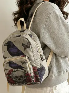 1 piece of 2D printed lady's backpack, Casual printed backpack, with a skull rose pattern, velvet texture + layered storage + light weight reduction, suitable for students to go to class/shopping/short trips, combines atmosphere with practicality