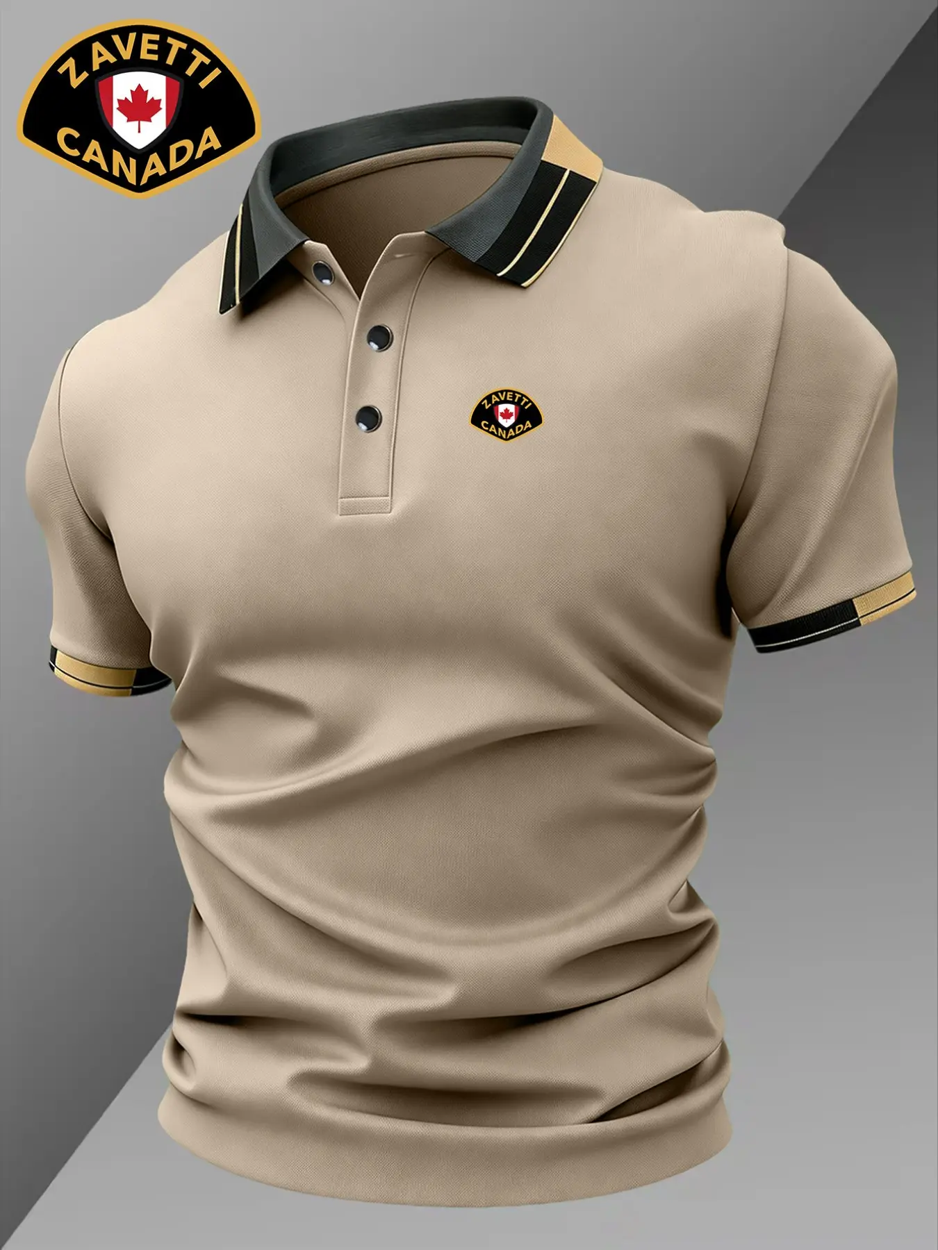 Men's Zavetti Canada Badge Print Polo Shirt, Polo Style Casual Collared, Elastic Casual Breathable All-Season Wear, Comfortable Durable High-End Fitted Shirt