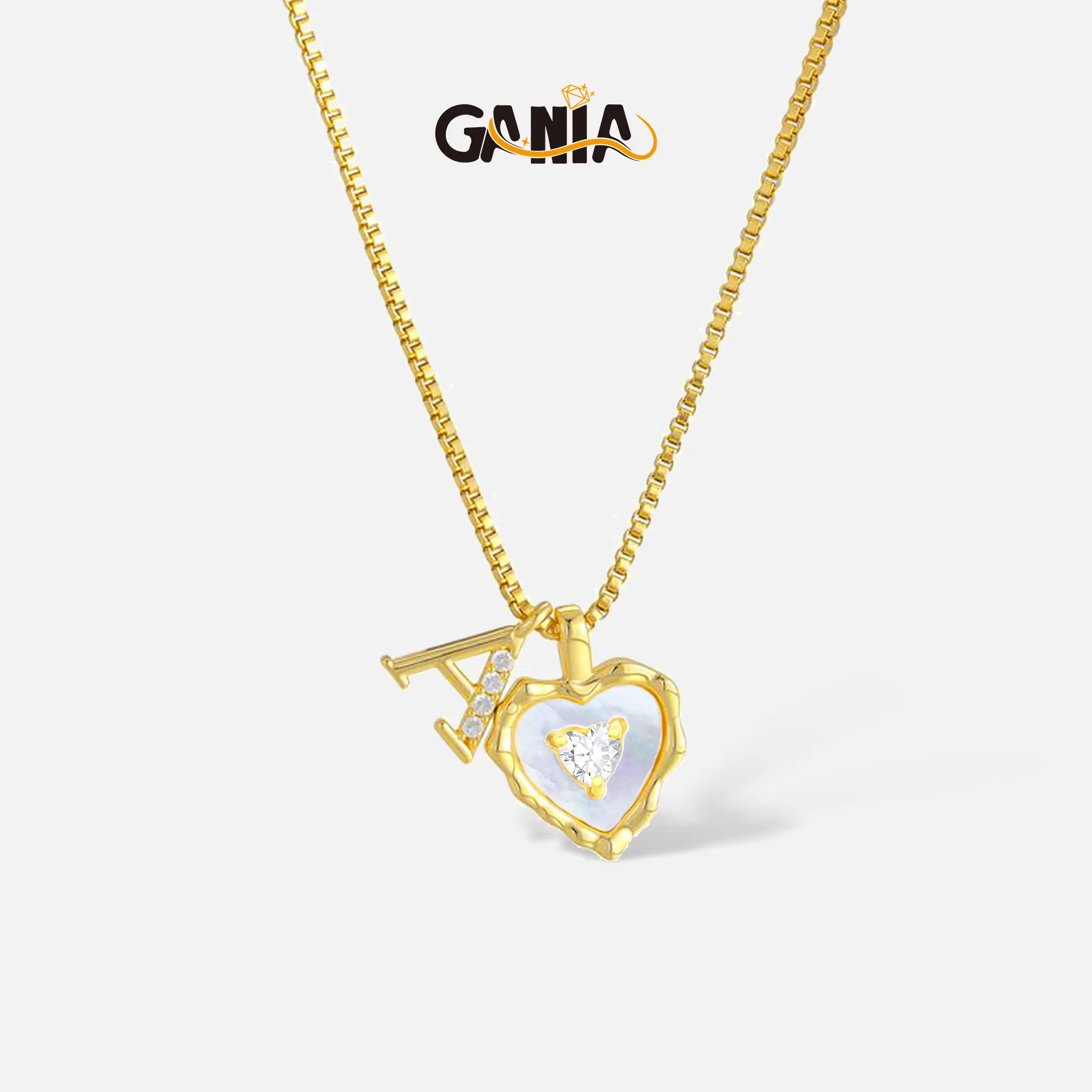GANIA necklace with white heart letter pendant, all 26 A-Z letters available. The adjustable chain fits most neck sizes for comfortable wear. Made of polished brass base with smooth finish, a thoughtful gift for Valentine’s Day and birthdays.