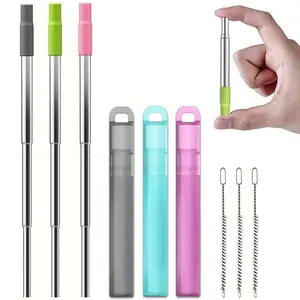 Stainless Steel Reusable Collapsible Portable Straws, with Silicone Tip & Case & Cleaning Brush, Ideal for Travel & Picnic Use
