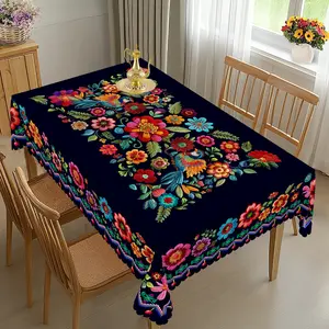 XEXSIN Mexican Style Colorful Printed Tablecloth, Floral 3D Effect Printed, Xmas Decor, Room Decor for Girls, Rectangle Table Cover, Holiday Party Decor, Round Table Cloth, Decoración de mantel navideño, Christmas Festive Home Outdoor Decor Gifts