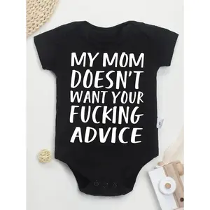 Cute Baby Bodysuit with My Mom Doesn't Want Your Fucking Advice Print Soft Versatile Round Neck Button Detail Regular Fit All Seasons Knitted Fabric Onesie for 0-12 Months