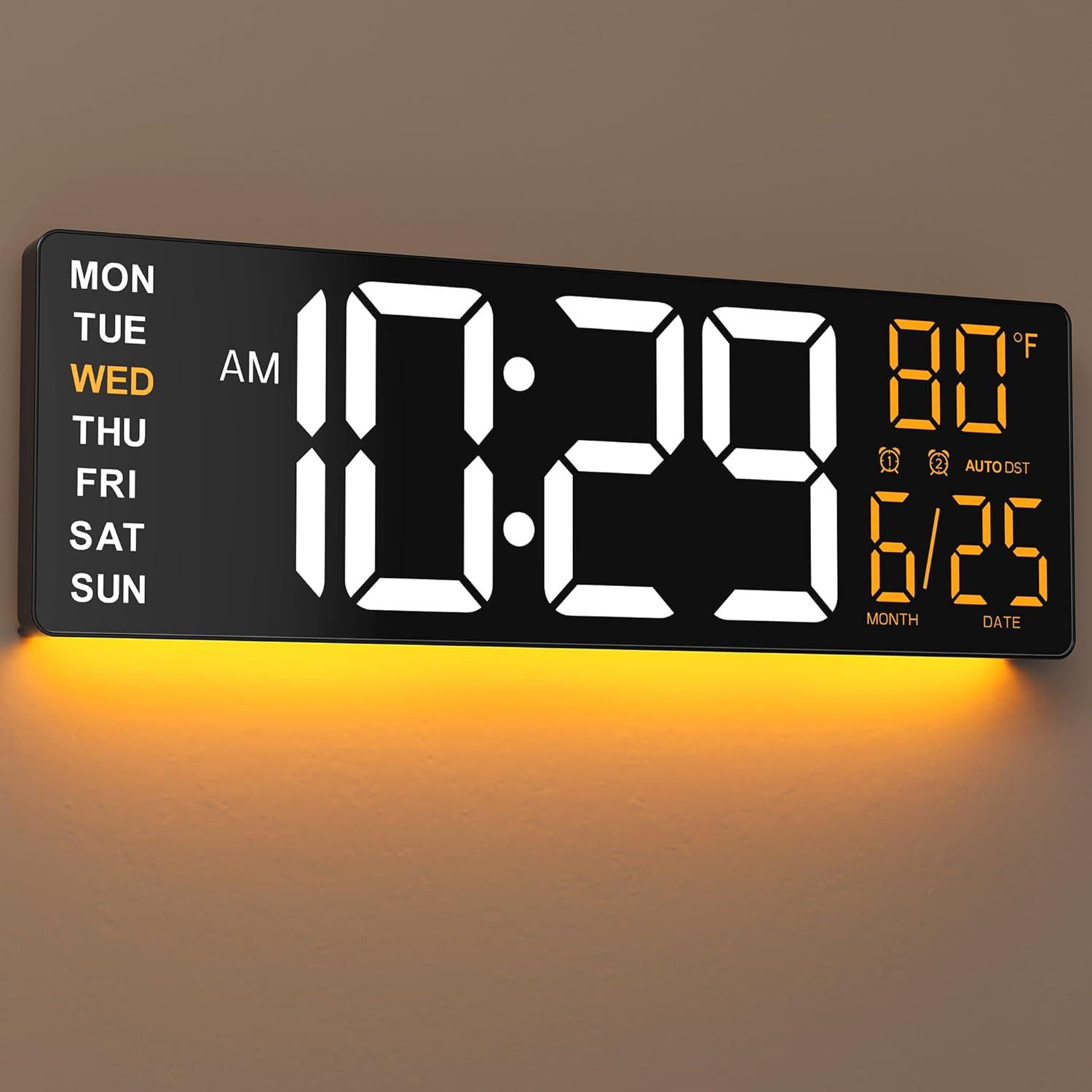 16.5" Large Digital Wall Clock with Anti-Glare Display, RGB Lights with 10 Scenes Mode Remote Control, Adjustable Brightness, Dual Alarms, Auto DST, BT Sync, Temperature for Living Room