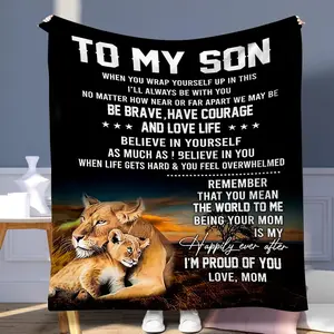 Lion Pattern To My Son Blanket, Slogan Print Blanket, Soft Cozy Throw Blanket, Air-conditioned Room Blanket, Warm Nap Blanket for Home Office Travel