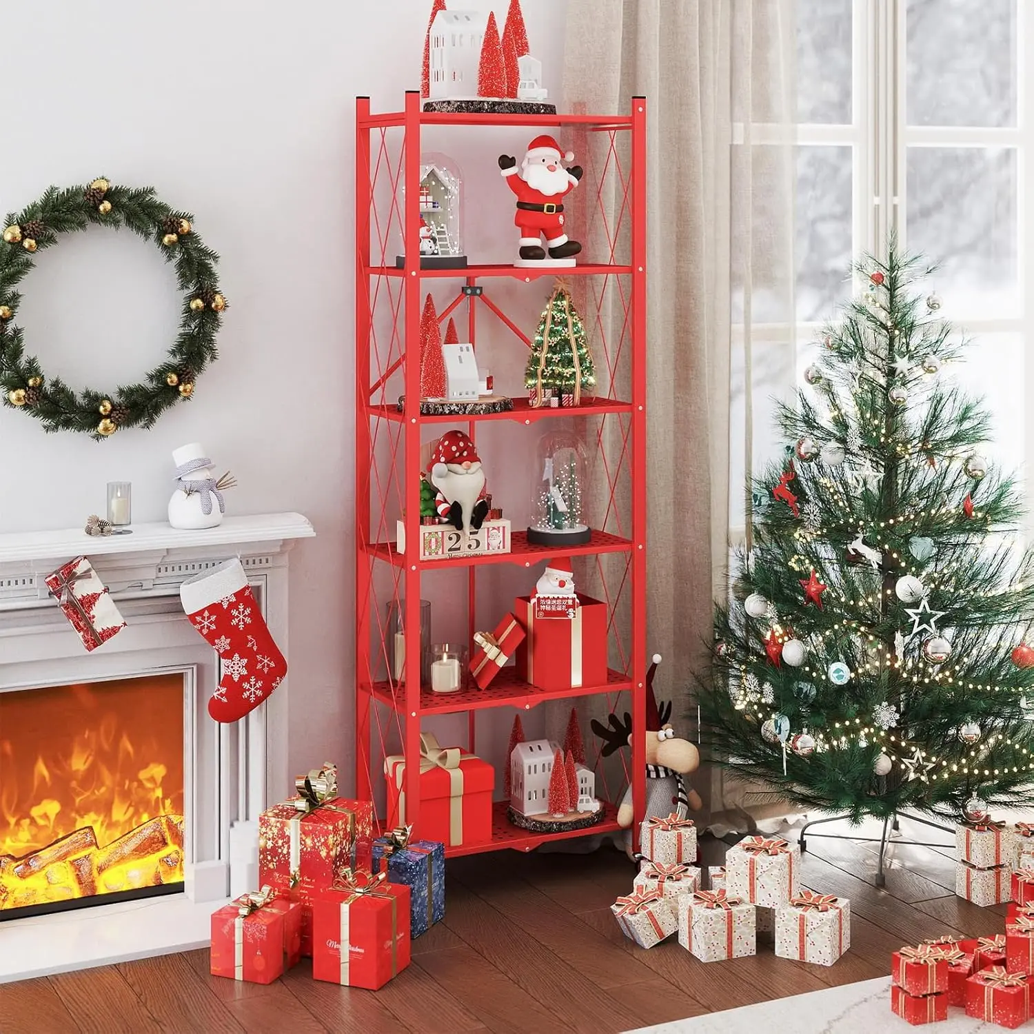 73.6 Inch Foldable Bookshelf,Six-Tier Metal Bookcase and Bookshelves,Heavy Duty Floor Standing Bookshelf Open,Tall Shelves for Living Room Office Bedroom,Red Christmas Organiser Racks