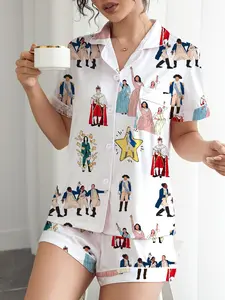 Hamilton Musical Print Women's Pajama Set, Short Sleeve Button Front Top & Elastic Shorts, Casual Home Wear, Party Sleepwear