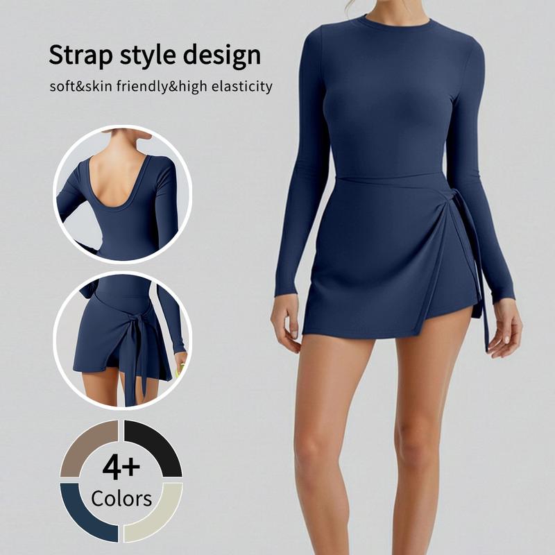 Women's Long Sleeve Solid Color Tennis Dress with Side Slit & Built-in Shorts for Yoga Golf & Athletic Activities High Stretch Nylon Sports Dress Crew Neck Spring Summer