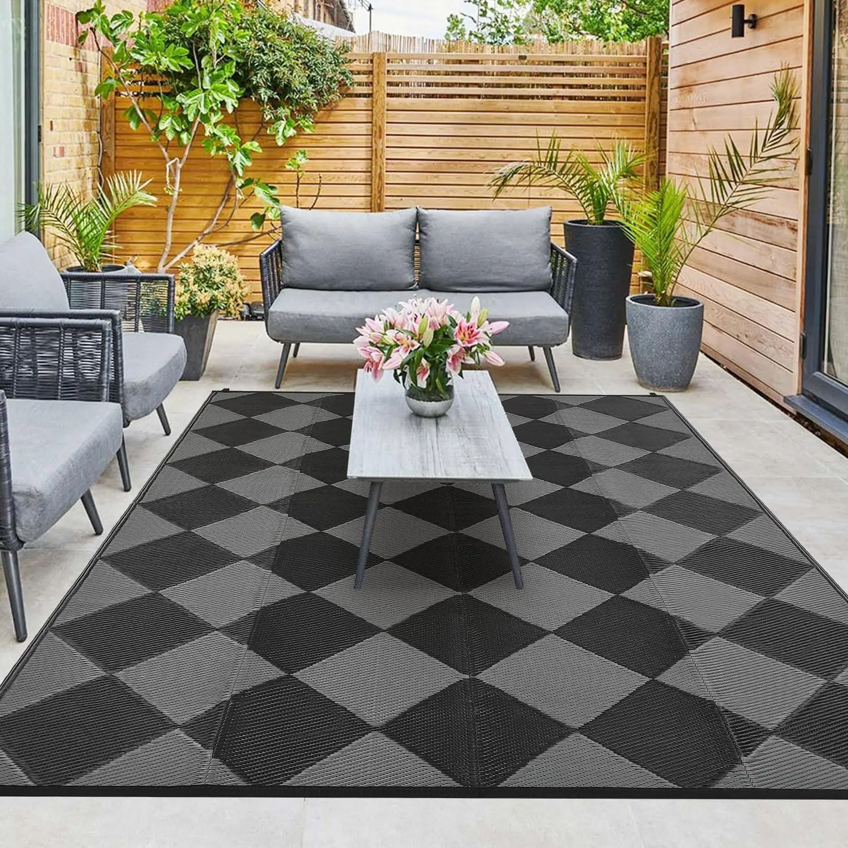 Outdoor Rug 8x10 Area Rugs for Patio Waterproof Plastic Straw Rug Reversible Patio Rugs RV Camping Outdoor Carpet for Porch Patio Outside RV Deck Balcony Picnic Beach Decor Trellis-Black/Grey