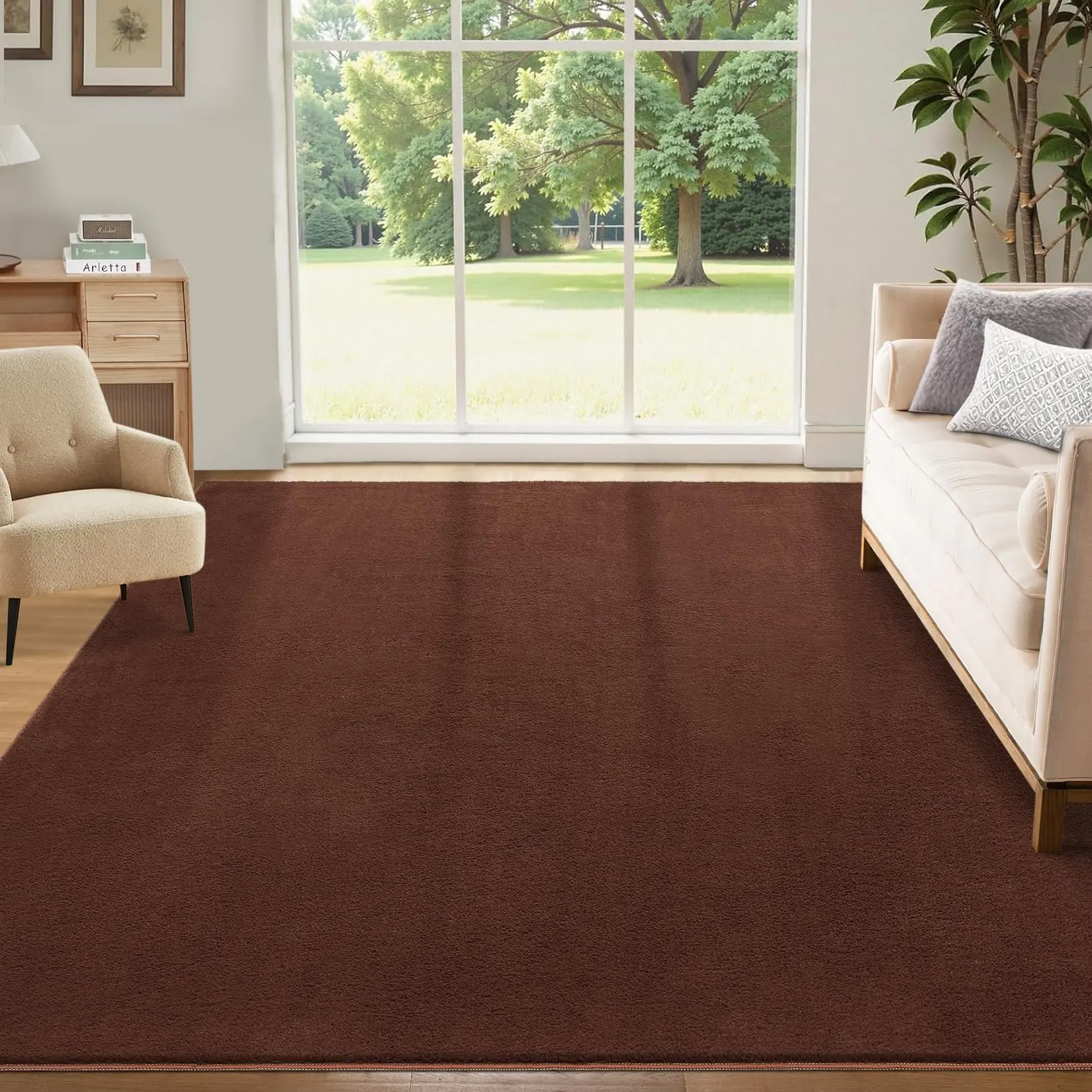 【GARVEE】Brown 10x13 Fluffy Shag Area Rug for Bedroom and Living Room, Large Soft Furry Carpet with Non-Slip Backing, Modern Solid Color Indoor Nursery and Kids Room Floor Decor