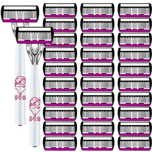 Stainless Steel Manual Shaving Tool Set, Includes 24-48 Replacement Blades + Handle, Smooth Pain-Free Hair Removal for Men & Women