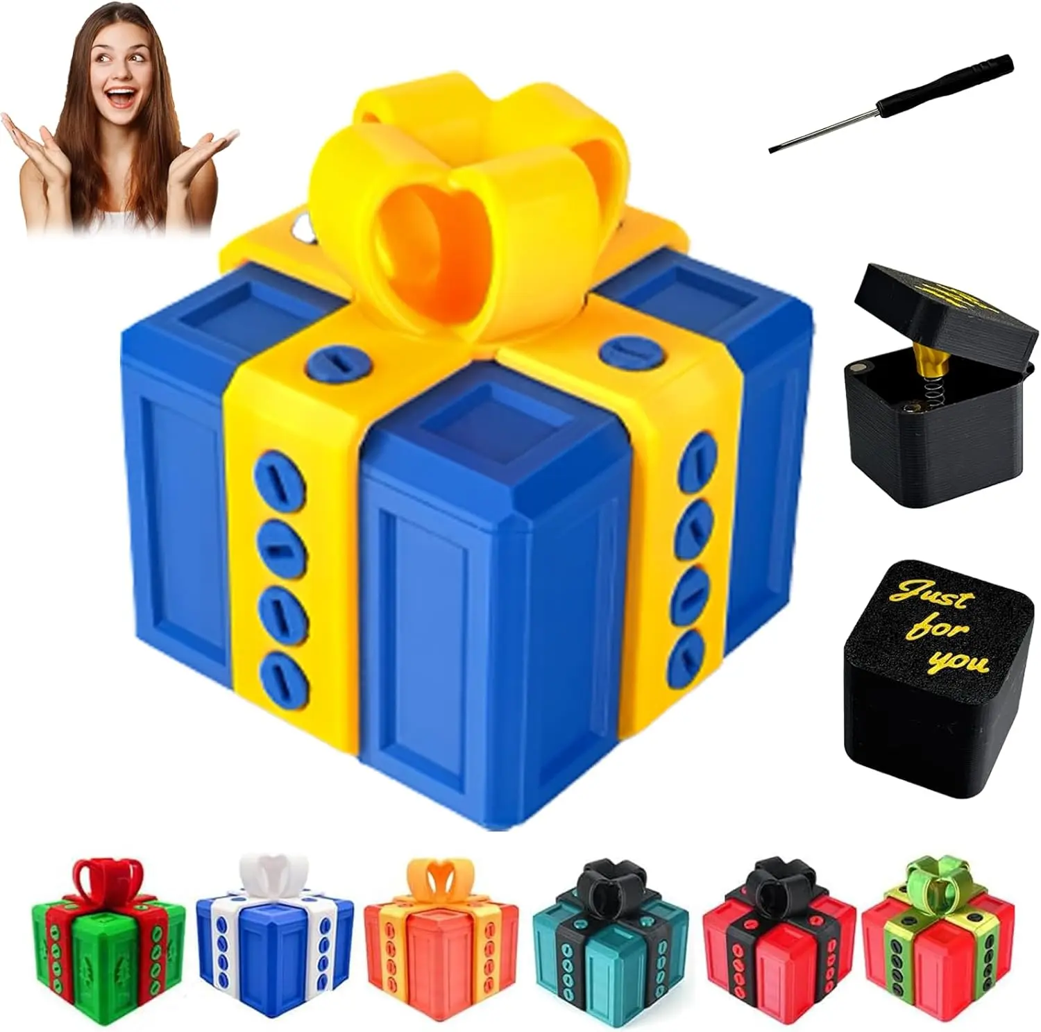 Gotcha Box Annoying Prank Toy Gift Box - PLA Plastic Colorblock Design, Includes Screw Set with 3D Printed Screws & Pop-Up Finger Surprise, Fun Gifts for Birthdays, White Elephant Party Supplies, Unisex Party Bag Insert, Lightweight, Halloween