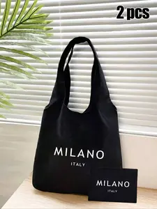 Milan Letter Theme Multifunctional Handbag, Travel Makeup Bag, Portable Shopping Bag, Teacher Gift, Women's Cosmetic Storage, Milan Lettering, Fashionable Patterned Bag