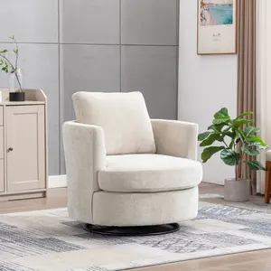 31.9"W Beige Chenille 360° Swivel Barrel Chair - Upholstered, Body-Friendly, Detachable, Dual-Arm, Polyfoam Tub Chair, Soft Comfy Modern Accent Leisure Armchair for Living Room, Bedroom, Upholstered Tub Chairs, Body-Friendly Tub Chairs