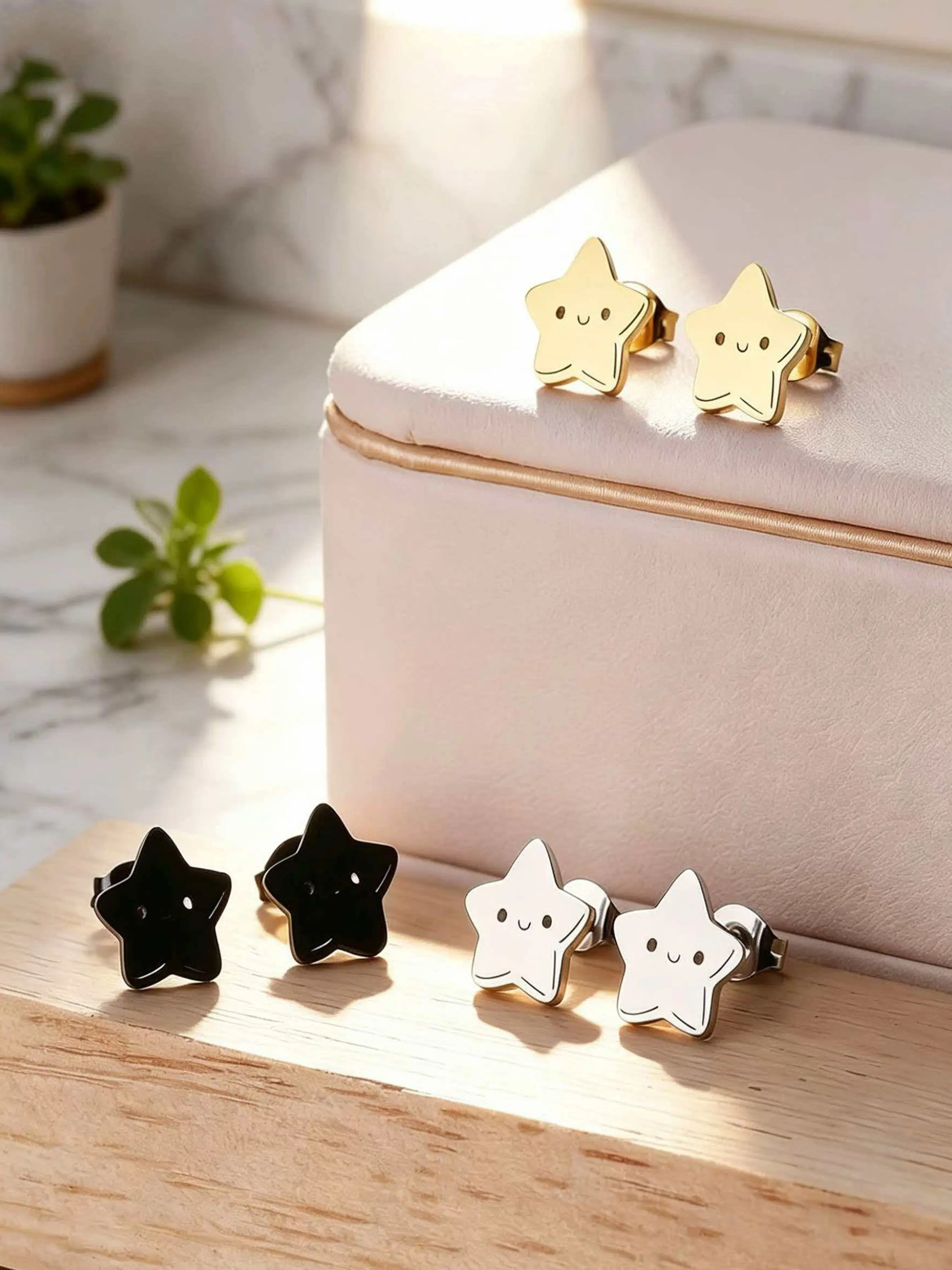 3 Pairs Fashion Smiley Star Stainless Steel Earrings Set, Multiple Colors Available, Perfect for Daily Wear or Parties, Ideal Gift