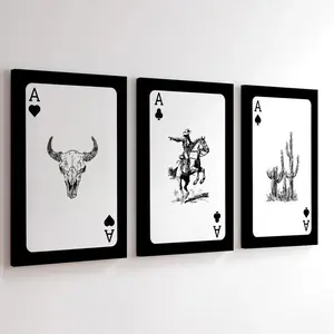 3-Piece Wood Canvas Wall Art – Vintage Western Cowboy & Bull Skull Prints, Ready to Hang, Waterproof Aesthetic Decor for Bedroom, Living Room & Bathroom