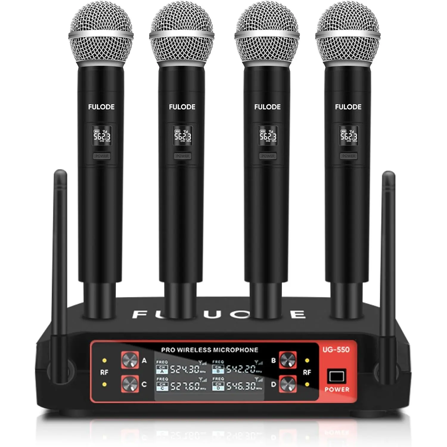 UG-550 Professional 4-Channel Wireless Handheld Karaoke Microphone System with Audio Receiver, Plug, Cable, Adapter, Easy Connection, Plug-and-Play for Home Karaoke, Parties
