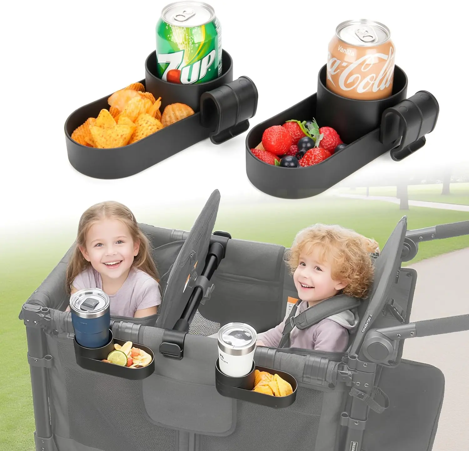 Wonderfold Wagon Snack Tray with Spill-Proof Cup Holders - Compatible with WONDERFOLD W2 & 4 Elite (2 & 4 Seats) | Kid Snacks & Drinks Tray, Detachable, Easy Install, Dishwasher Safe (2-Pack)