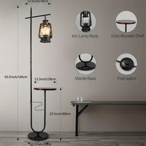 2024 Vintage Floor Lamp with Table, Classical Lantern Standing Rustic Farmhouse Nightstand Hanging Arc Floor Lamp with Bronze Gold Finish, for Living Room, Bedroom, Reading Room