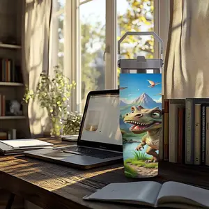 30oz Cute Cartoon Dinosaur Insulated Tumbler, Double Wall Stainless Steel Travel Cup with Handle, Prehistoric Adventure Design, Perfect Christmas, Birthday & Back-to-School Gift for Dinosaur Lovers, Kids, Boys & Girls