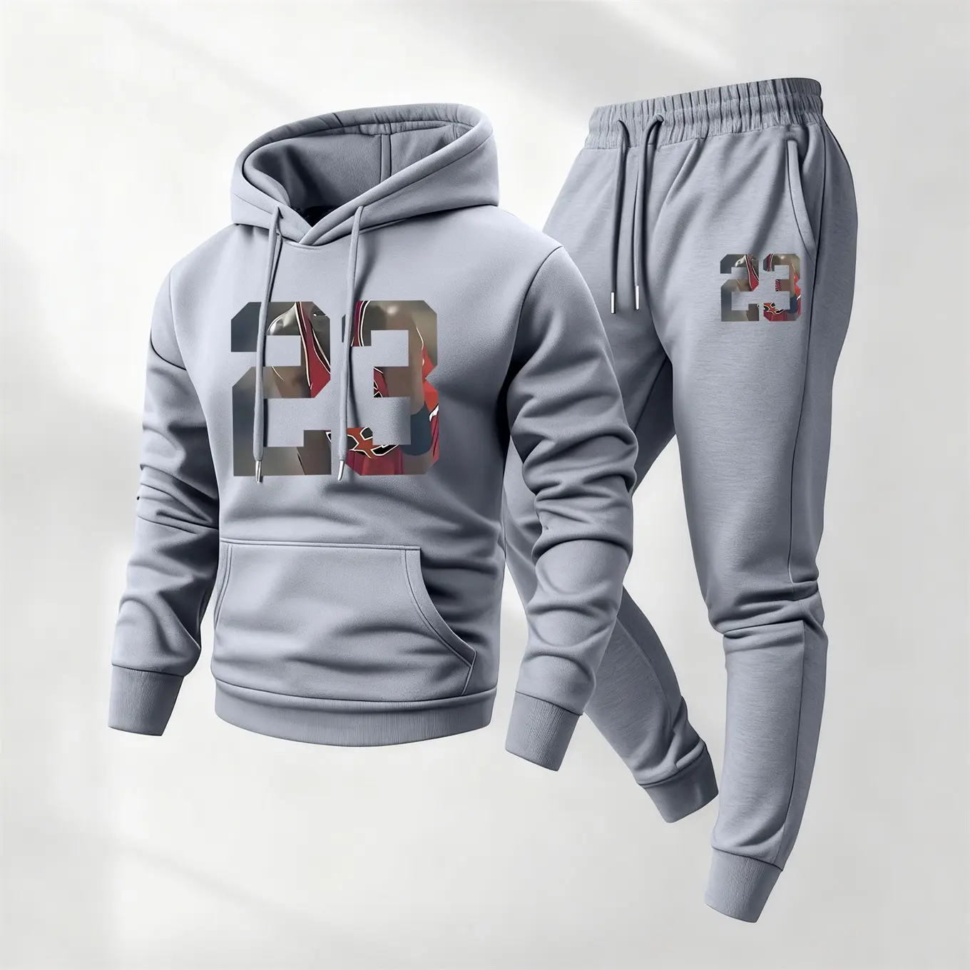Men's 2-Piece 23-Print Loose-Fitting Hoodie & Drawstring Sweatpants Set - Minimalist Long Sleeve Streetwear, Machine Wash Athleisure, Fall Winter Workout Running Clothes, Mensfashion, Casual Fit, Hooded Jacket, Indoor‑Outdoor Wear