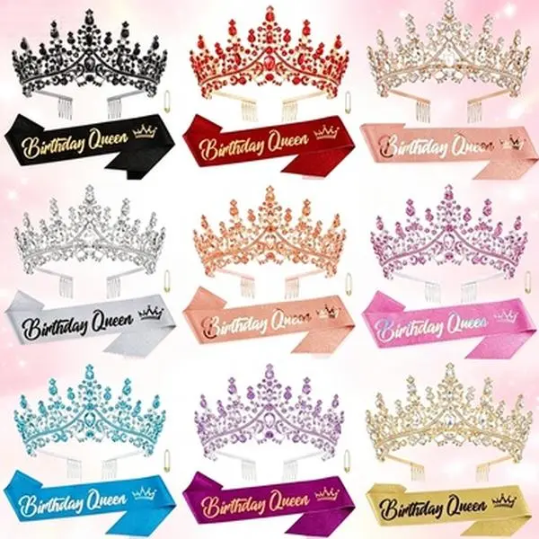 Gold Crown and Sash Set for Women, Elegant 3-Piece Shimmering Crystal Birthday Queen Styling Accessory for Parties, Birthday Crowns, Rhinestones, Hair Accessory, Costume Headpiece, Elegant Crown Design homedecor,back to school,back to school haul