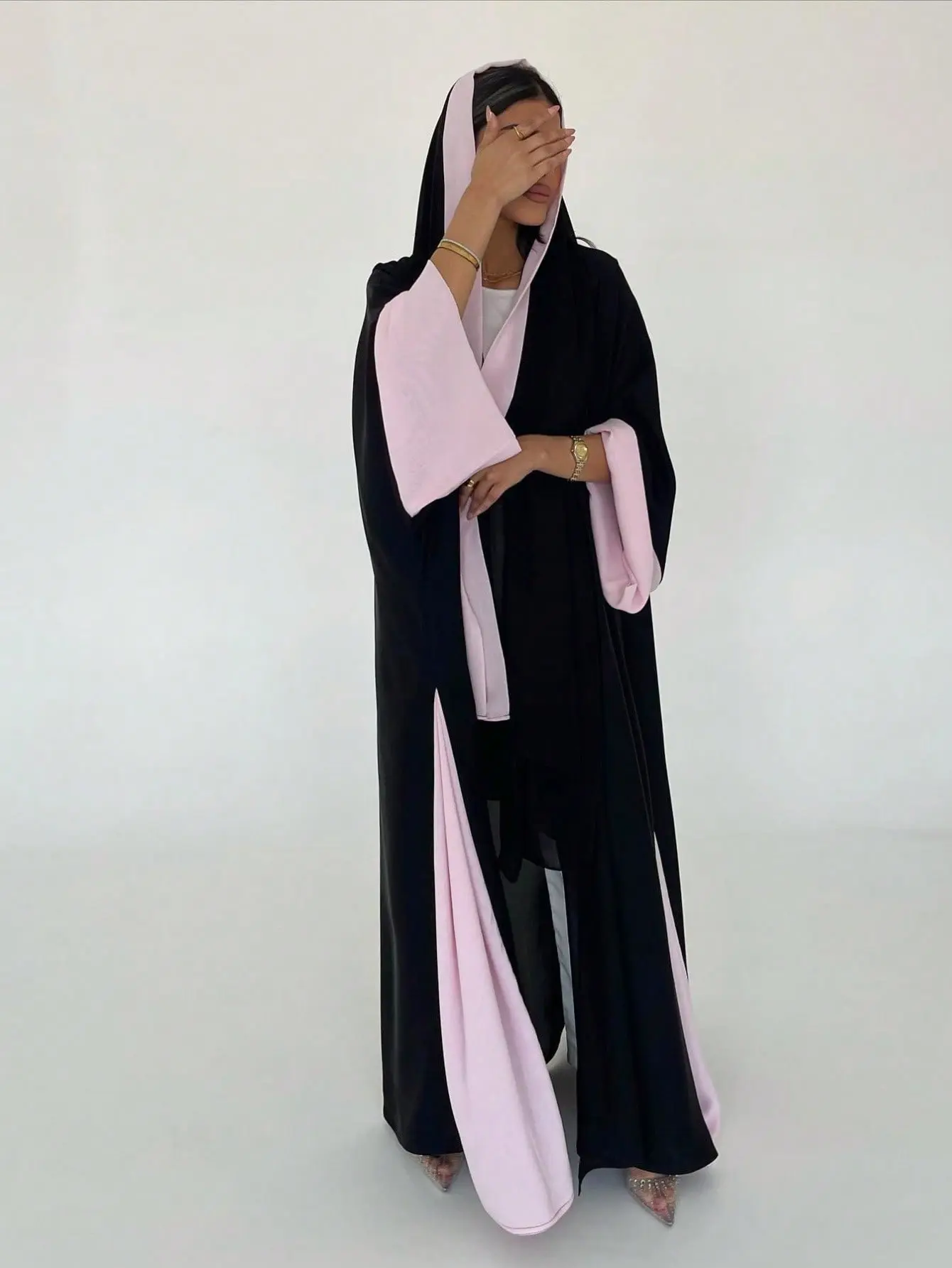 Women's Islamic Abaya Dress Z160 - 1-Piece Black & Blush Pink Colorblock Open Front, Loose Fit, Elegant Modest Casual Kimono Sleeve Abaya Fashion Outerwear, Open Front Abaya