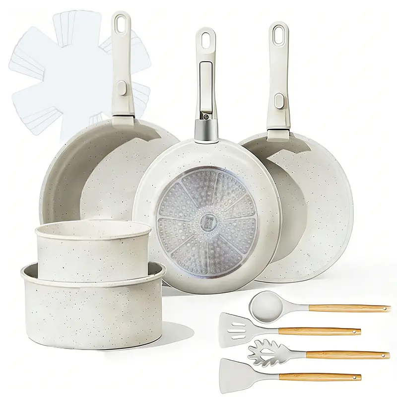 Detachable Handle Speckled Cookware Set (5pcs/17pcs Optional) - Smooth-Surface Inner Pots & Pans, Multi-Stove Compatible, Stackable Kitchen Organizer with Wooden Utensils for Home Cooking & Outdoor Camping