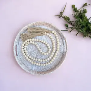 Handmade Rattan 15-Inch Coffee Table Tray with Decorative Home Beads for Kitchen - Eco-Friendly Stylish Tray for Snacks and Serving - Plates