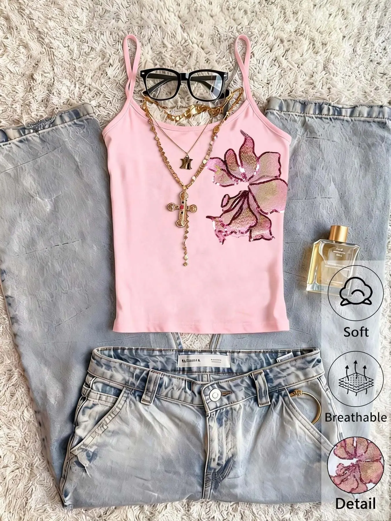 Retro floral sequin print cami top, Y2K slim cami, adjustable straps, soft and breathable summer streetwear, grunge short top for women, casual, everyday, home gathering wear, available in multiple colors