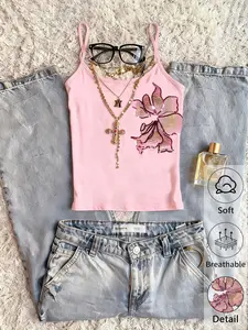 Retro floral sequin print cami top, Y2K slim cami, adjustable straps, soft and breathable summer streetwear, grunge short top for women, casual, everyday, home gathering wear, available in multiple colors