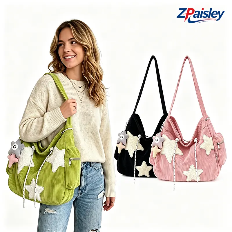 Star Patch Corduroy Crossbody Tote Bag, Large Capacity Soft Casual Shoulder Handbag with Multi Pockets & Star Charm, Drawstring Spacious Daily Hobo Bag for School Work Shopping Travel, Trendy Cute Lightweight Everyday Corduroy Purse for Ladies Girls