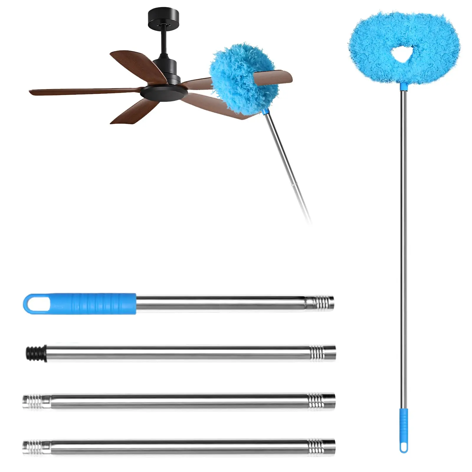 Blue Microfiber Ceiling Fan Duster with Extension Pole, Lightweight Washable Reusable Home Care Tool, Eco-Friendly Allergen-Capturing Design for Ceiling Fans, High Walls