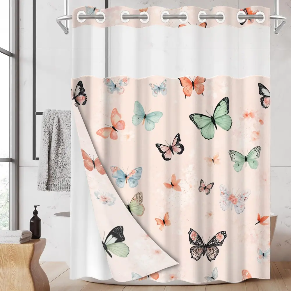 1pc hookless shower curtain with buckle lining, pink floral butterfly design, 2D flat printing, waterproof fabric lining, see-through double-layer shower curtain, 71 x 74 inches, Floral Shower Curtains For Bathroom
