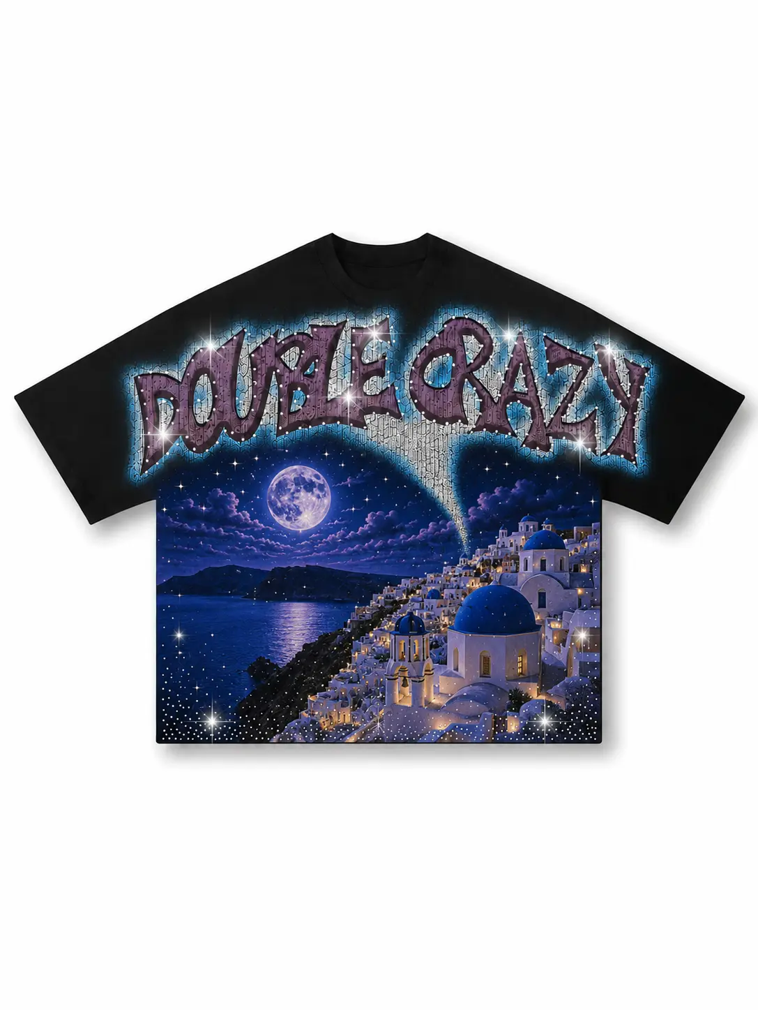 Santorini Greece Night Double Crazy Streetwear Oversized Graphic T-Shirt | Premium Heavyweight Gildan Cotton Retro Y2K Tee | Perfect Gift for Travel and Grunge Fashion Lovers [NO RHINESTONES]