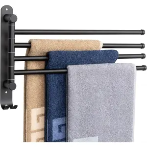 Swivel Towel Rack, Thicken SUS304 Stainless Steel 4-Arm Towel Bar, Space Saving Wall Mounted Towel Holder with Hook, Rustproof Swing Out Towel Hanger for Bathroom, Kitchen (Matte Black)