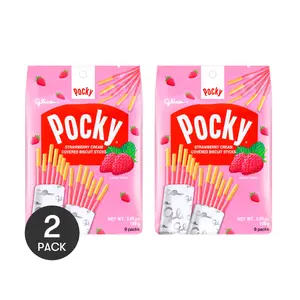 GLICO POCKY Strawberry Coated Biscuit Sticks - Family Pack, 2 Bags, 9 Packs, 108g Each