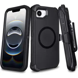 for iPhone 16e with Belt Clip Holster, Compatible with MagSafe, 3-Layer Shockproof Anti-Drop Full Body Protective Case, Heavy Duty Rugged Defender Cover for iPhone 16e, Black