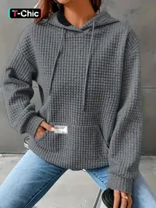 Women's Letter Patched Waffle Textured Drop Shoulder Core Hoodie Pullover, Fashion Casual Long Sleeve Drawstring Pocket Hooded Sweatshirt for Daily Holiday Outdoor Wear, Women Clothing, Womenswear, Tops for Fall & Winter