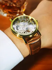 1pc Classic Retro Skeleton Mechanical Watch for Men Luminous Hands Brown Leather Strap Business Casual Luxury Golden Hand Winding Watches Gifts With Box