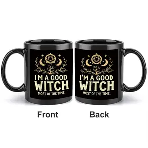 11oz "I'm A Good Witch Most Of The Time" Pagan Humor Coffee Mug, Black Ceramic Double-Sided Printed Cup, Wiccan Pentacle & Moon Design, Perfect Halloween, Christmas, Birthday & Gift for Witchy Vibes Lovers, Pagan Enthusiasts, Wiccans